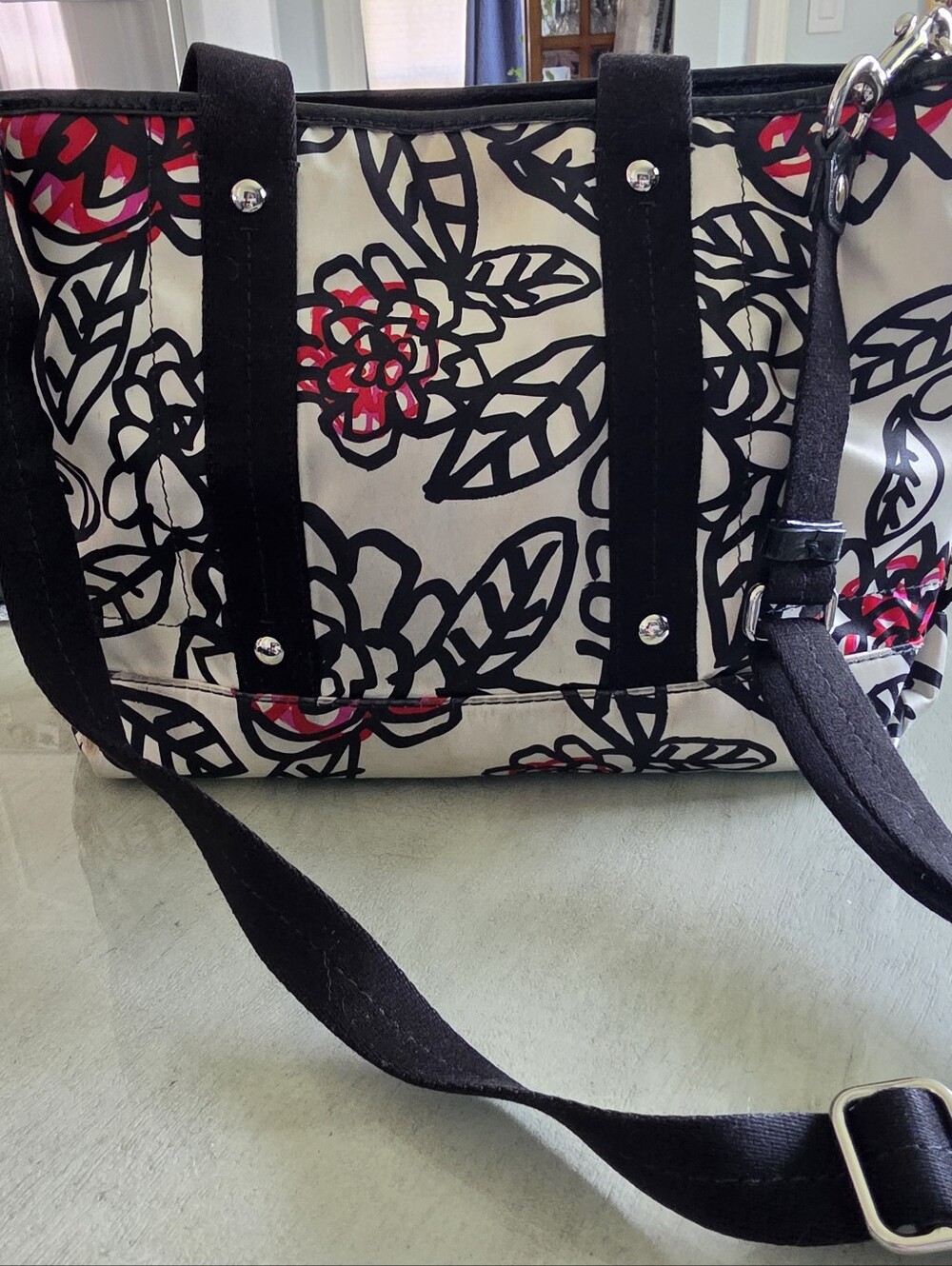 COACH Floral Print Canvas Tote Bag in Black, White & Red